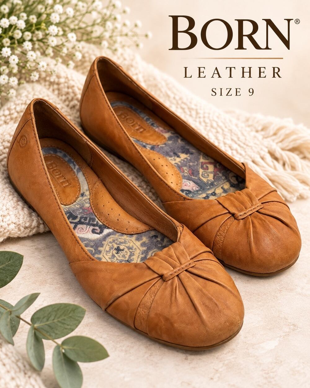 Born Women’s Size 9 Cognac Brown Leather Ballet Flats Ruched Comfort Shoes